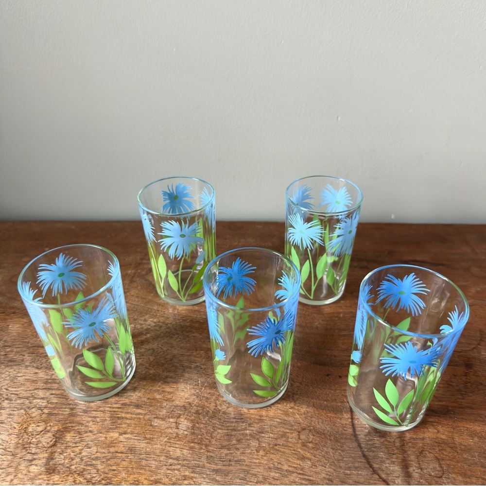Vintage Kraft "Swanky Swig" Juice Glasses Blue Cornflower Pattern MCM Set of 5 - Picture 5 of 10